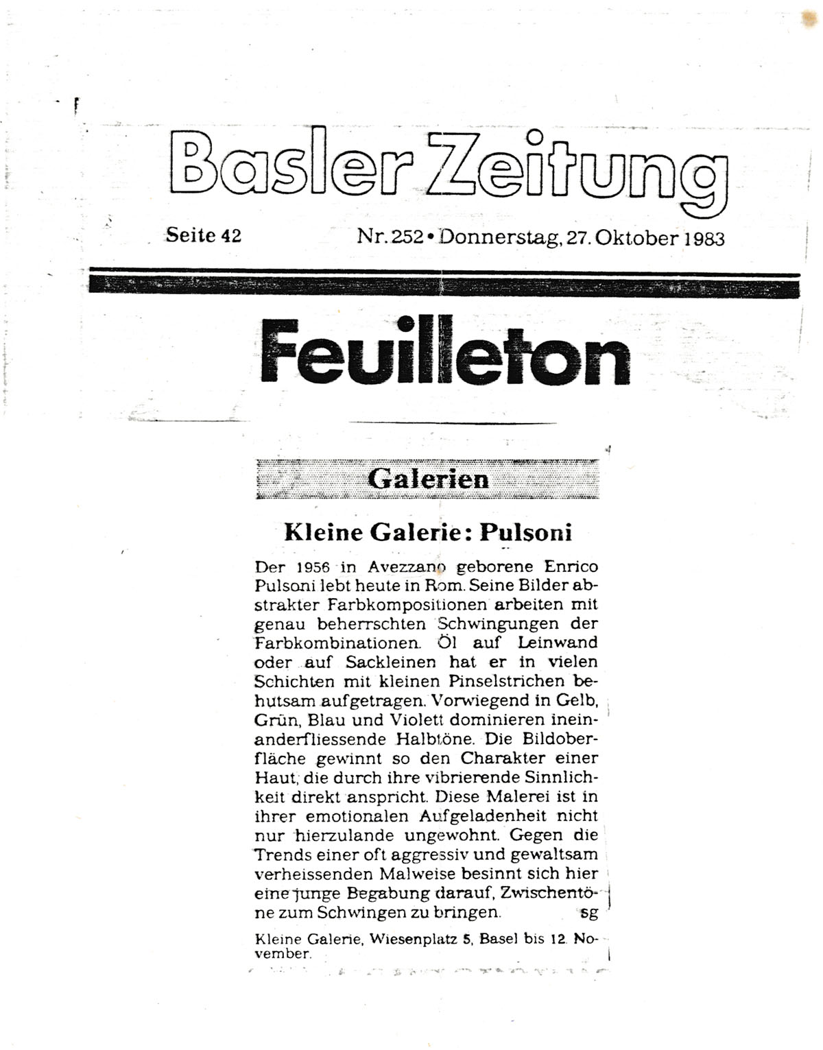 1983 Basilea Kleine galerie Basler zeitung